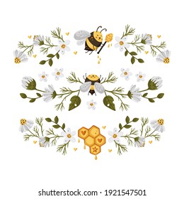 Honey bee border frame. Vector illustration. Horizontal divider frame card with daisy flower. Sweet summer nature elements.