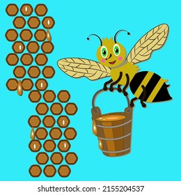 A honey bee with a bucket and honeycombs.