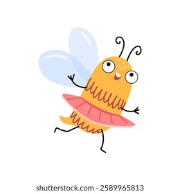 Honey bee bug. Vector winged buzz flying insect wearing skirt, isolated striped bumblebee with surprized facial expression, cute dressed wasp. Vital flower pollinator, garden insect with wings