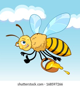 Honey bee cartoon in fly holding a basket with honey