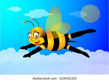 Honey bee cartoon flying on sky illustration