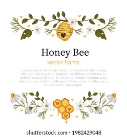 Honey bee cartoon frame border. Vector frame element. Greeting postcard advertisement divider.