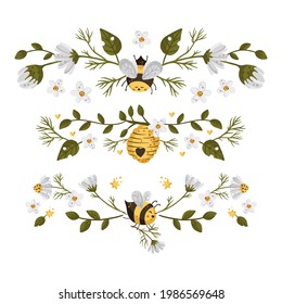 Honey bee cartoon frame border. Vector frame element. Greeting postcard advertisement divider.