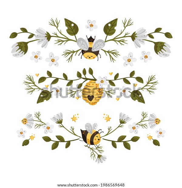 Honey bee cartoon frame border.\
Vector frame element. Greeting postcard advertisement\
divider.