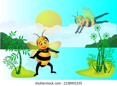 honey bee cartoon illustration with natural scenery