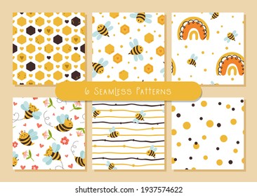 Honey bee cartoon kids seamless pattern or digital paper bundle