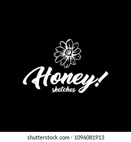 Honey Bee, Chalkboard Sketch Logo Design with Honeycomb Pattern. Vintage hand drawn isolated illustration with handcrafted white lettering.