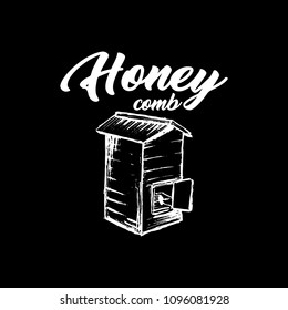 Honey Bee, Chalkboard Sketch Logo Design with Honeycomb Pattern. Vintage hand drawn isolated illustration with handcrafted white lettering.