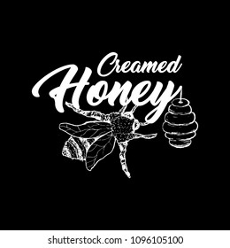 Honey Bee, Chalkboard Sketch Logo Design with Honeycomb Pattern. Vintage hand drawn isolated illustration with handcrafted white lettering.