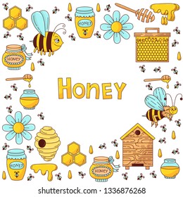 Honey bee colorful cartoon icons frame vectro icons set
