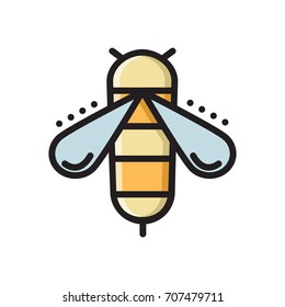 Honey bee, colorful thin line flat style icon, vector illustration isolated on white background. Flat style colorful thin line, outline icon with honey bee
