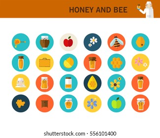 honey and bee concept flat icons.