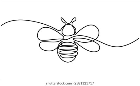 Honey bee continuous one line drawing. Bee single line art. single line drawing of a flying bee. Hand drawn doodle illustration of insect.