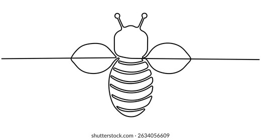 Honey bee continuous one line drawing. Bee single line art. Cute honey bee outline drawing illustration. single line drawing of a flying bee. Hand drawn doodle illustration of insect. Editable stroke.