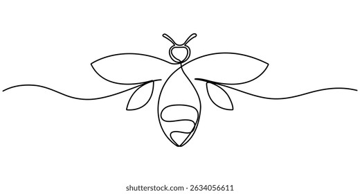 Honey bee continuous one line drawing. Bee single line art. Cute honey bee outline drawing illustration. single line drawing of a flying bee. Hand drawn doodle illustration of insect. Editable stroke.