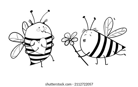 Honey Bee Couple In Love, Bee Presenting Flowers To A Lover. Cute Kids Honeybee Hand Drawn Outline Doodle Character Design.  Illustration. Vector Illustration, Coloring Page Or Coloring Book Cartoon.