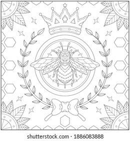 Honey bee with crown and decorative plant and honeycomb pattern. Learning and education coloring page illustration for adults and children. Outline style, black and white drawing