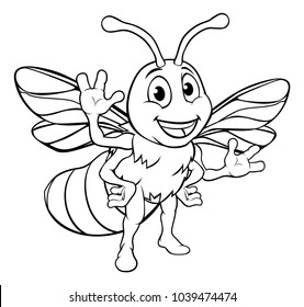 A honey bee cute cartoon character mascot in outline