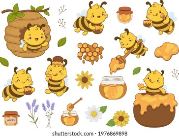 Honey bee, cute bee characters, bees making honey