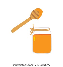 Honey bee cute hand drawn illustration with mason jar and wooden spoon. Harvest farmhouse seamless background. 