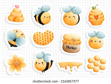 Abeja, abeja linda, hoja de emoticones de primavera feliz. Ilustración del vector