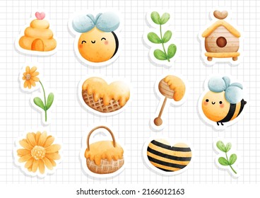 Honey bee, cute bee, happy spring sticker sheet. Vector illustration