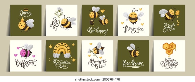 Honey bee cute summer card set. Kids poster collection with insect design, meadow daisy flower and lettering quote.