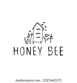 Honey bee design. Hand-drawn drawing of  bee house. Cartoon hive with bees. 