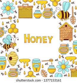 Honey bee doodle cartoon icons decorative square frame design template