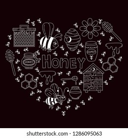 Honey bee doodle icons line heart shape vector set