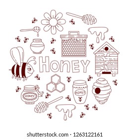 Honey bee doodle icons vector set round shape design