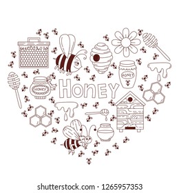 Honey Bee Doodle Icons Vector Set Heart Shape Design