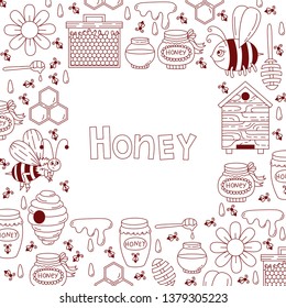 Honey bee doodle line square decorative vector frame