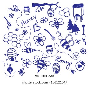 Honey and bee doodle vector set