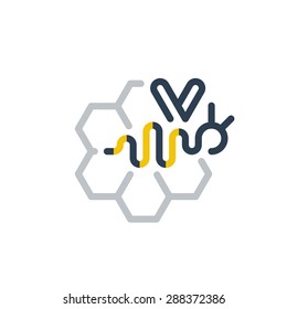 Honey bee elegant and dynamic logo. Beekeeping, honey production sign. Linear, flat design.