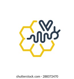 Honey bee elegant and dynamic logo. Beekeeping, honey production sign. Linear, flat design.