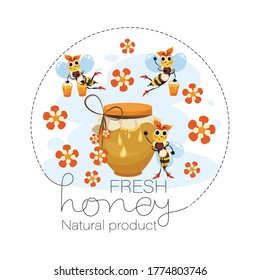 Honey Bee family. Swarm bees. Vector honey label, emblem. Funny cartoon characters for poster