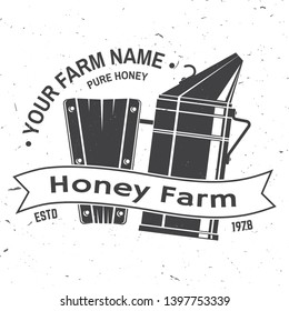 Honey bee farm badge. Vector illustration. Concept for shirt, print, stamp or tee. Vintage typography design with bee smoker silhouette. Retro design for honey bee farm business