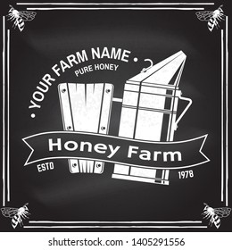 Honey bee farm badge. Vector on the chalkboard. Concept for shirt, print, stamp or tee. Vintage typography design with bee smoker silhouette. Retro design for honey bee farm business.