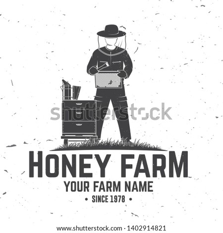 Honey bee farm badge. Vector illustration. Concept for shirt, print, stamp or tee. Vintage typography design with hive and beekeeper silhouette. Retro design for honey bee farm business