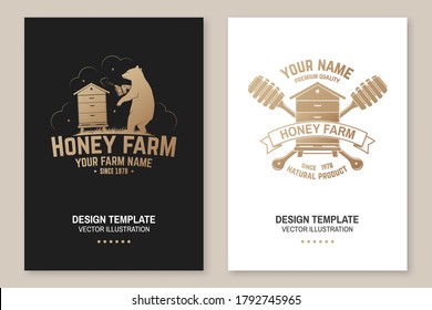 Honey bee farm poster, flyer, template. Vector illustration. Vintage typography design with bee, hive and honey dipper silhouette. Design for honey bee farm business