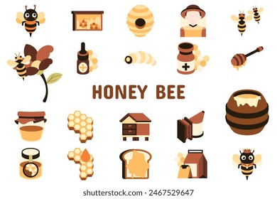 Honey Bee Flat Vector Illustration Icon Sticker Set Design Materials