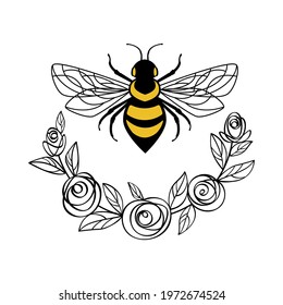 Honey bee in a flower frame. Floral frame wreath made of rose flowers and leaves. Suitable for cutting SVG files on a plotter. Bumblebee for t-shirt design svg