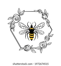 Honey bee in a flower frame. Polygonal floral frame made of rose flowers and leaves. Suitable for cutting SVG files on a plotter. Bumblebee for t-shirt design