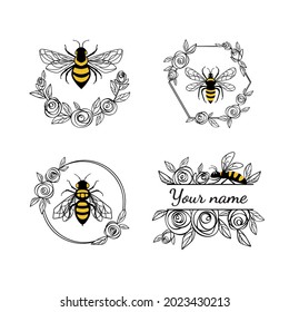 Honey bee in a flower frame. Set of floral frames and wreaths. Made of rose flowers and leaves. Suitable for cutting SVG files on a plotter. Bumblebee for t-shirt design svg