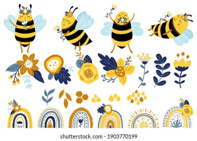 Honey bee, flowers and rainbow clipart. Collection of spring elements. Scrapbooking elements.