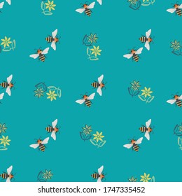 Honey bee and flowers vector seamless pattern background. Hand drawn striped insect and florals blue backdrop. Garden bug illustration repeat. All over print for garden,conservation, outdoor concept.