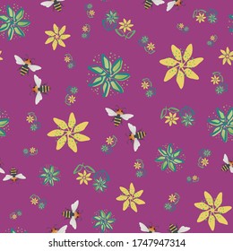 Honey bee and flowers vector seamless pattern background. Hand drawn insect and painterly florals on purple backdrop. Garden wildlife design. Bright all over print for fabric, home decor, packaging