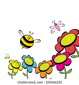 honey bee fly near flower. vector illustration