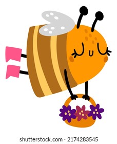 Honey bee flying with flower basket. Cute insect